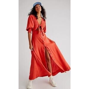 Free People Red Orange String of Hearts Button Down Puff Sleeve Maxi Dress Small